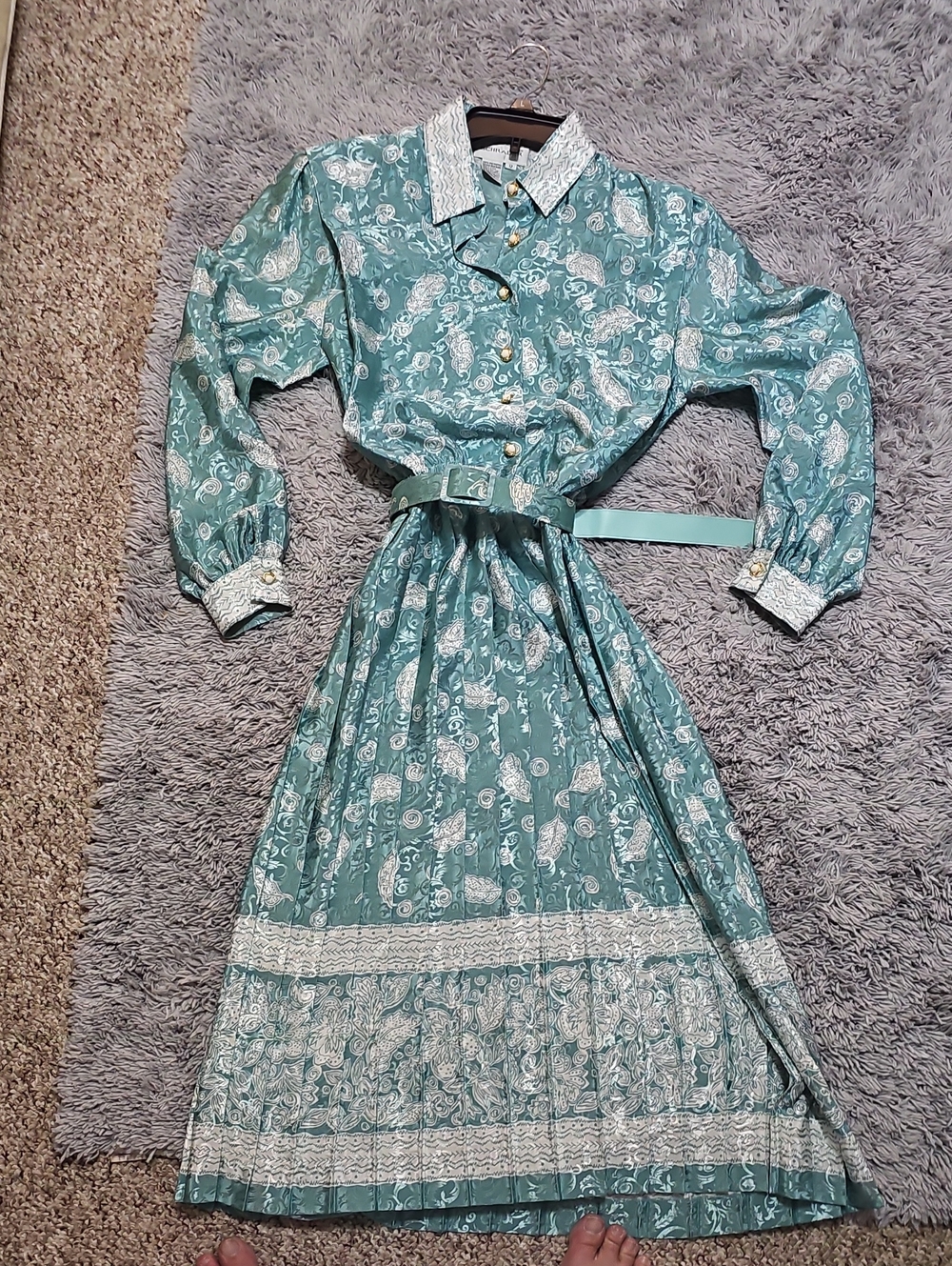 VINTAGE 70s Mint/Teal Green Paisley Long-Sleeve Belted Midi Dress With SP Sz 12